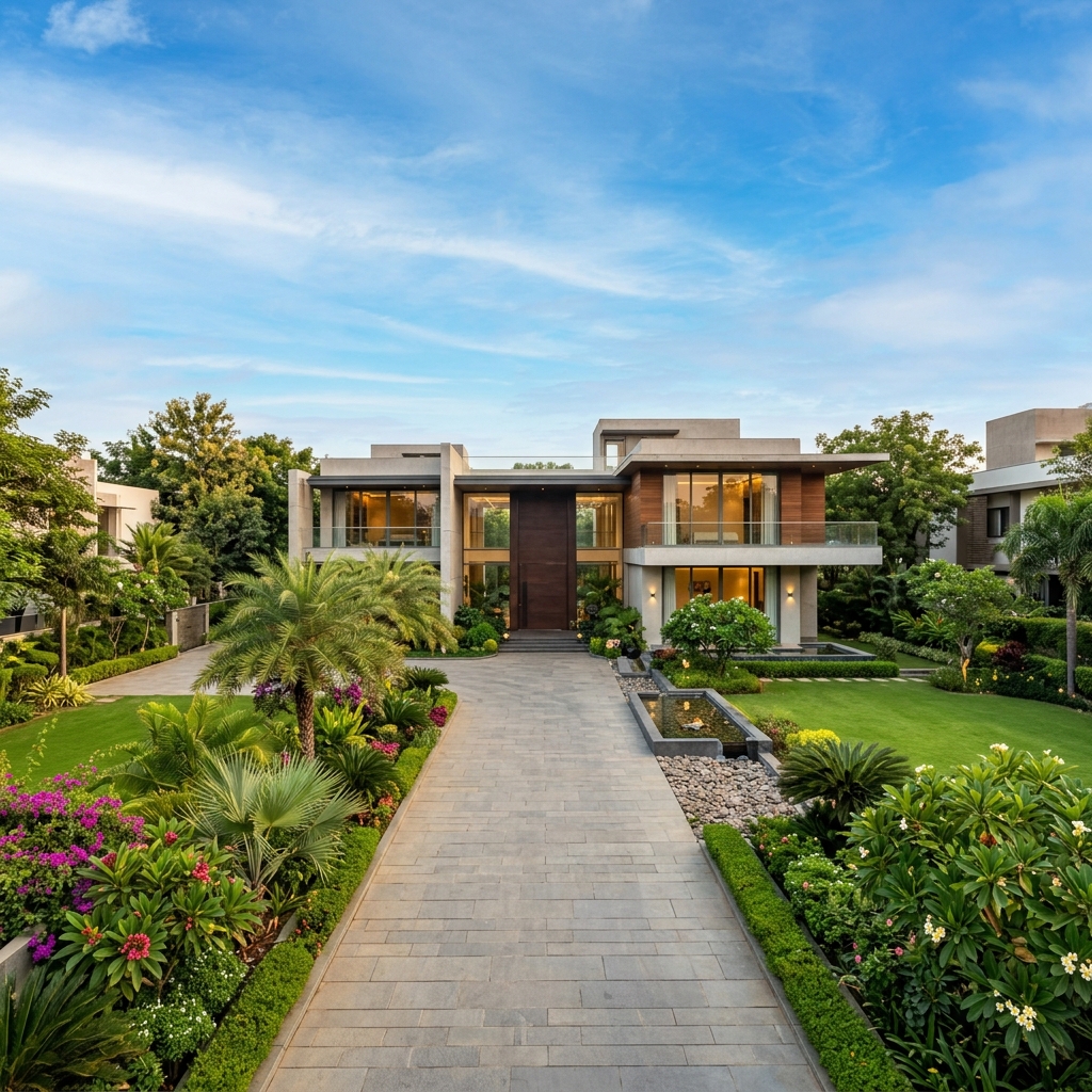 Beautiful residential property with landscaped entrance